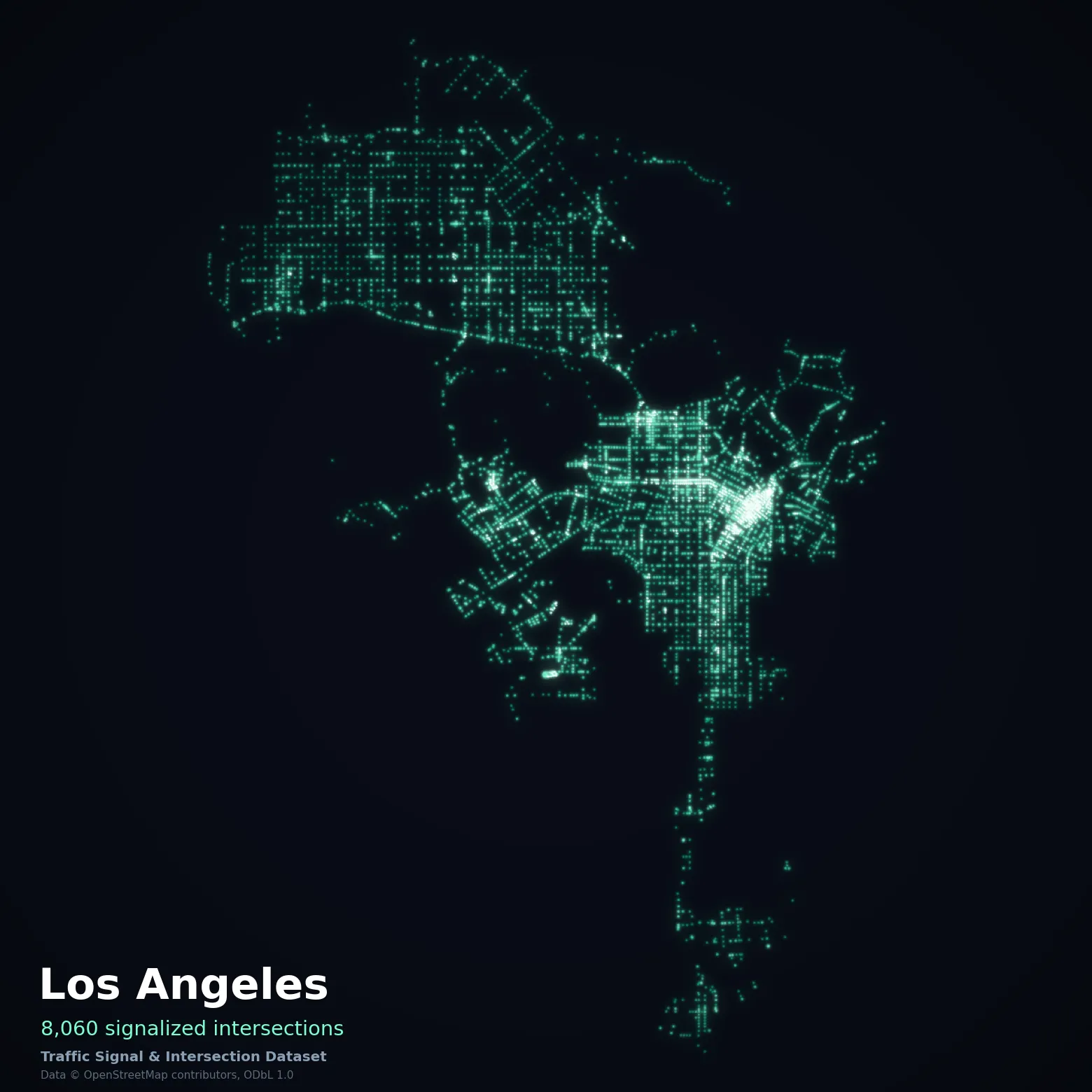 Every signalized intersection across Los Angeles extracted from OpenStreetMap