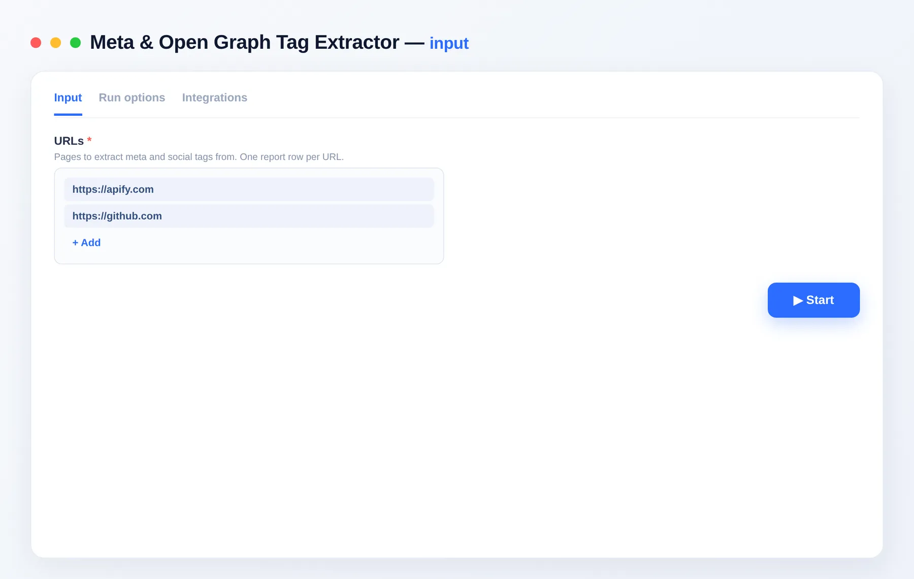 Meta & Open Graph Tag Extractor input — configure the options in the Apify Console