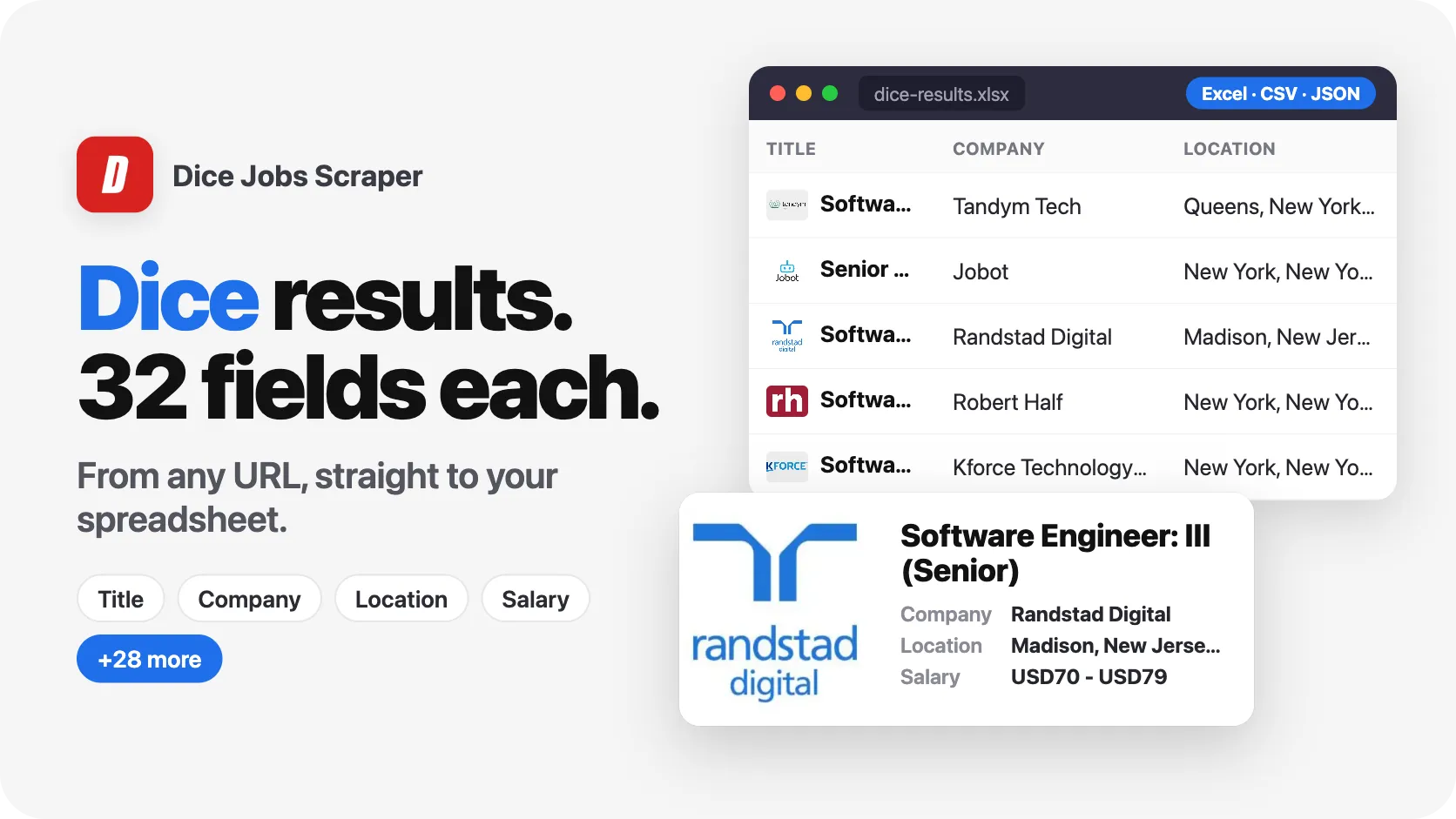 Dice results, 32 fields each, from any URL.